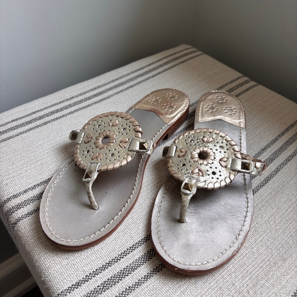 Jack Rogers Platinum and Gold Emblem Women's Sandals. Size 7.5m